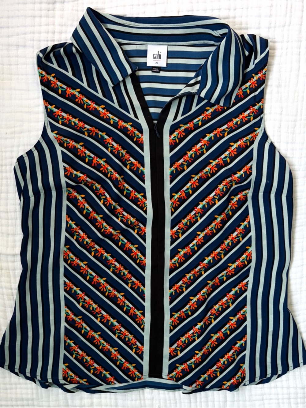 Cabi Chevron Floral Sleeveless Blouse Blue Medium Boho Summer Top